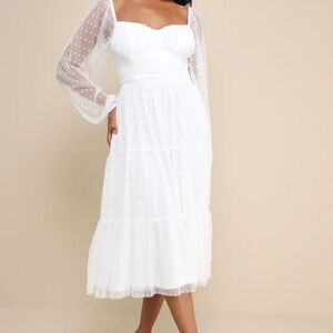 Lulus Affectionate Aura White Swiss Dot Tiered Bustier Midi Dress